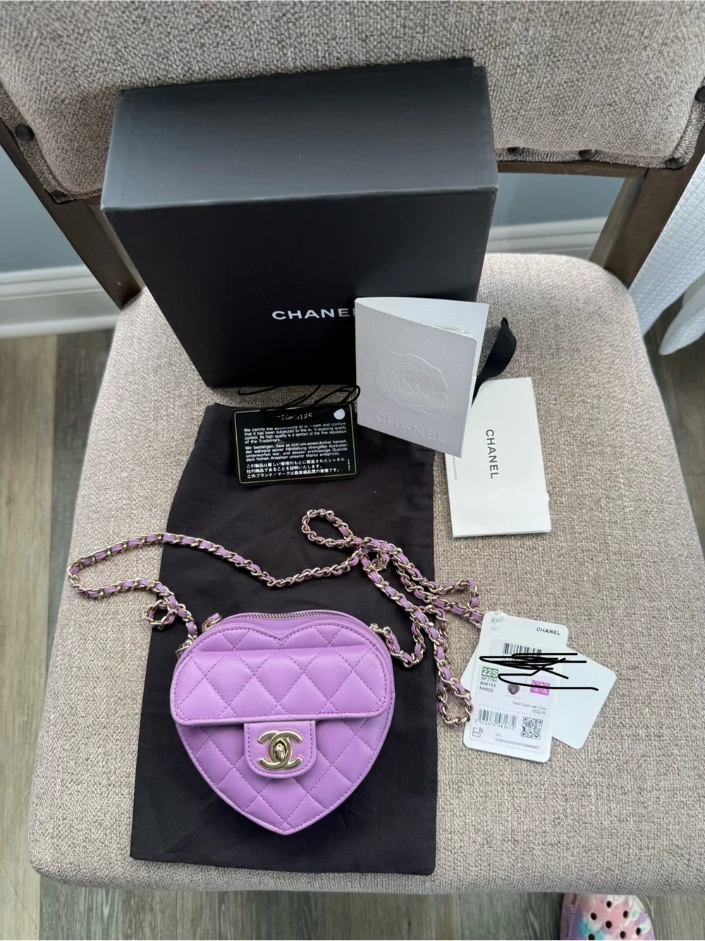 CHANEL Lavender Quilted Heart Crossbody Bag with Gold-Tone Chain